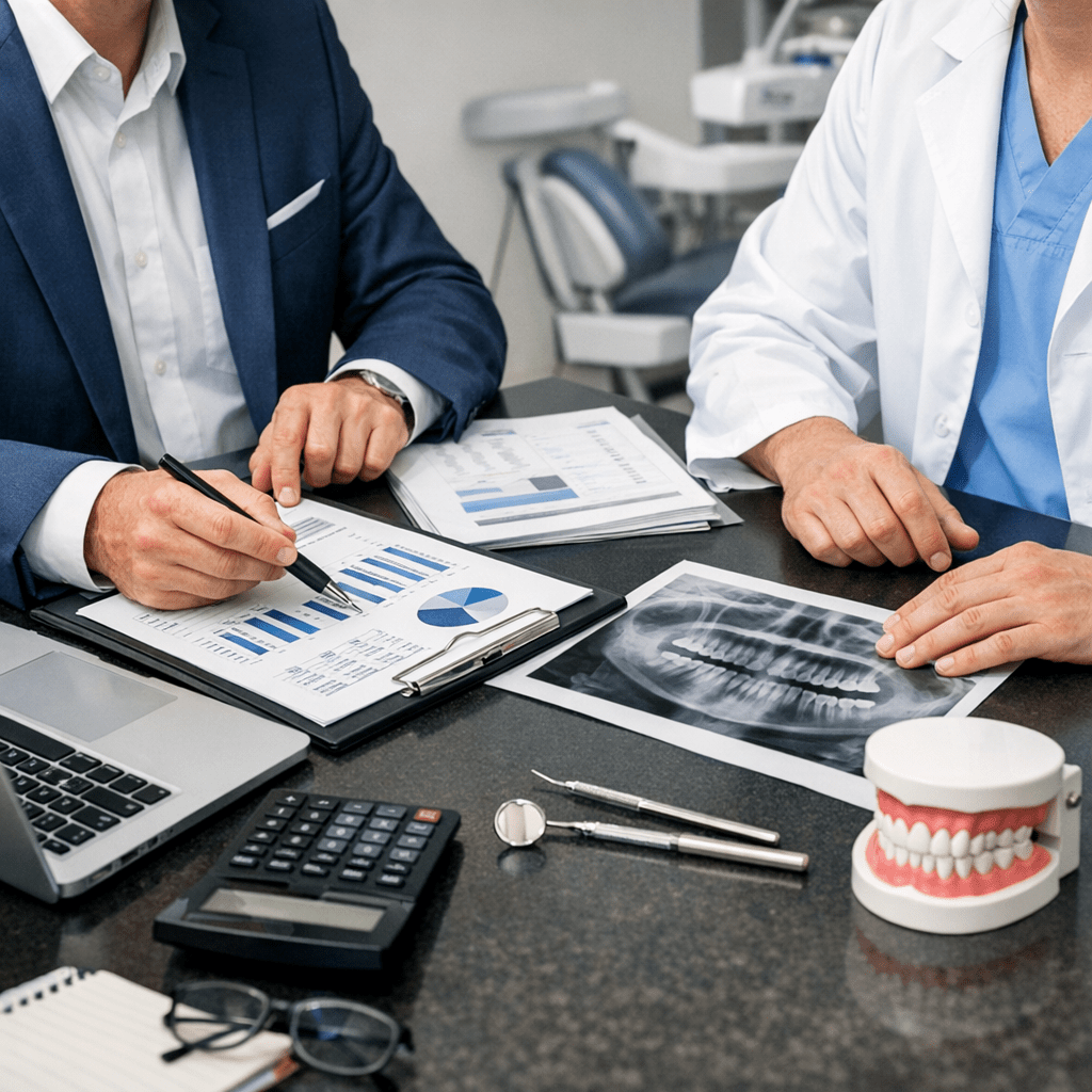 Un expert-comptable et un chirurgien-dentiste sont assis à un bureau et examinent des radiographies dentaires, des tableaux et des graphiques. Un modèle de dents, un ordinateur portable et une calculatrice suggèrent une consultation dentaire collaborative.