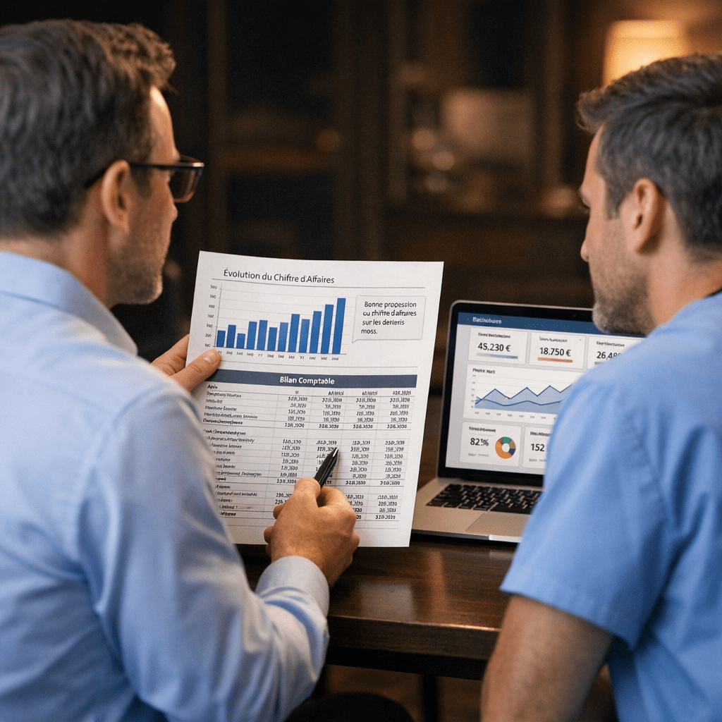 Deux hommes sont assis à une table et examinent des documents financiers ; l'un tient un rapport imprimé avec des graphiques et des tableaux, tandis que l'autre, spécialisé dans l'expertise comptable dentiste, examine des graphiques et des analyses d'entreprise sur son ordinateur portable.