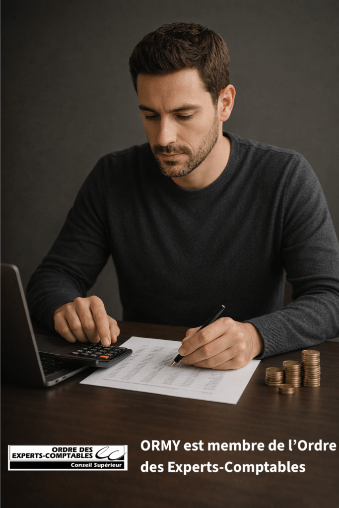 Un homme est assis à une table avec un ordinateur portable, des papiers et des piles de pièces de monnaie, et écrit avec un stylo. Un logo et un texte en français indiquent : "ORMY est membre de l'Ordre des Experts-Comptables : ORMY est membre de l'Ordre des Experts-Comptables.